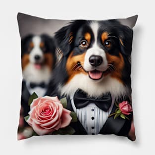 Two Australian shepherd dogs in tuxedos with roses Pillow