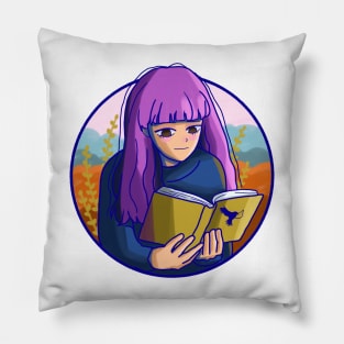 Cute girl with purple hair hypnotized by book Pillow