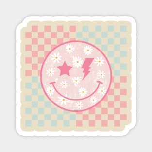 Pink Daisy Smiley Face Retro Groovy Checkerboard Preppy Magnet