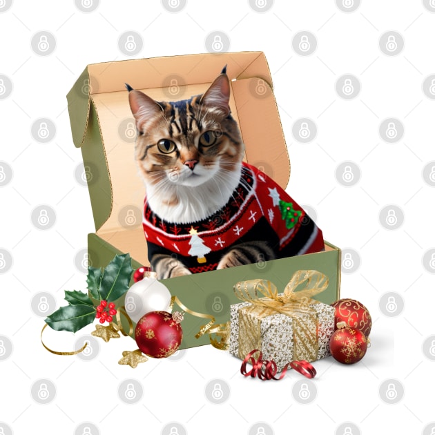 Funny Cat In Box Ugly Christmas Sweater Crazy Cat by Tina