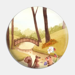 Woodland Sunset in Nature with squirrel Pin