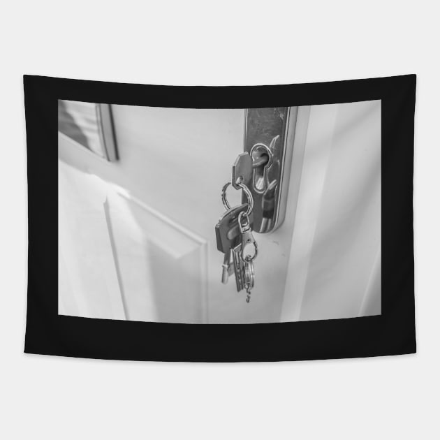 Keys on a key ring in the front door Tapestry by yackers1