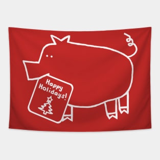 Minimalist White Line Cute Christmas Pig says Happy Holidays Tapestry