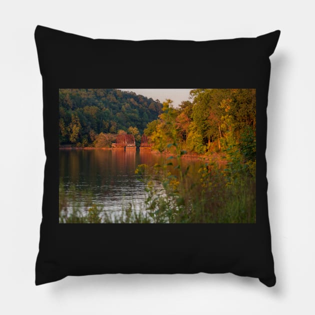 Old Tugaloo River Bridge from the shoreline Pillow by Ckauzmann