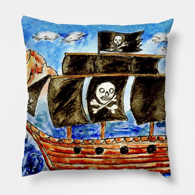 Vintage pirate boat Pillow by AnnArtshock