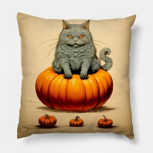 Japanese Cat on a Halloween Pumpkin During the Halloween Season on a Dark Background Pillow