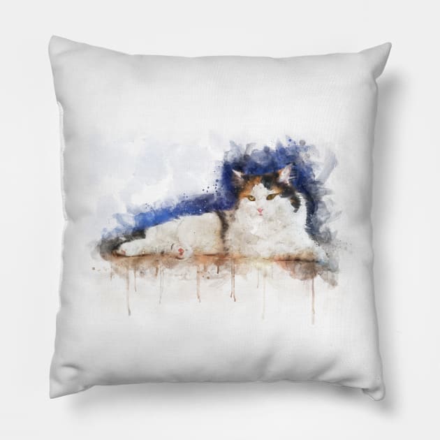 Watercolor Illustration of a Calico Cat Pillow by diplikaya