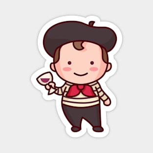 Kawaii French Parisian Man with Beret and Wine Magnet