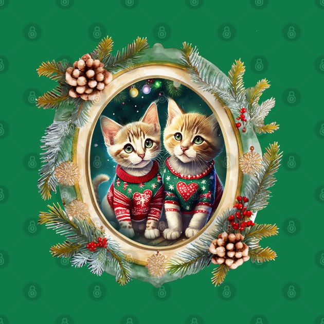 Two cute kittens wearing festive Christmas sweaters with red hearts, in a winter themed picture frame with pinecones and winter berries by WitchDesign