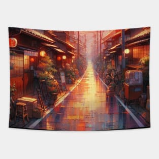 A Japanese Native Road Before Sunset - Anime Drawing Tapestry