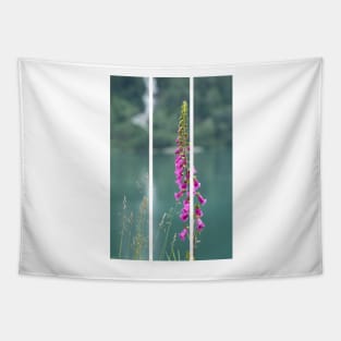 Wonderful landscapes in Norway. Blooming colorful lupine flowers in Norway in the wild grass. Blur background. Summer cloudy day(vertical) Tapestry