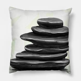 Painting of Balanced Black Zen Stones, Lime Background with the Word Zen in Japanese Pillow