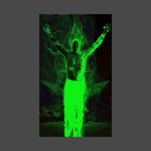 Portrait, digital collage and special processing. Shirtless man, stands. All chakras opened. Mystic. Green. by 234TeeUser234