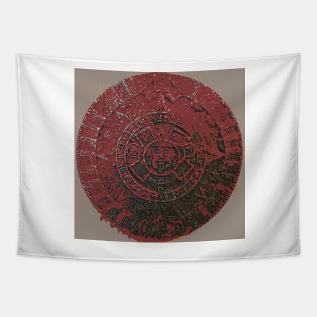 Mayan Calendar / Aztec Sun Stone, in red, from Mexico and Central America Tapestry by djrunnels