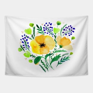 Watercolor poppies bouquet - yellow and green Tapestry