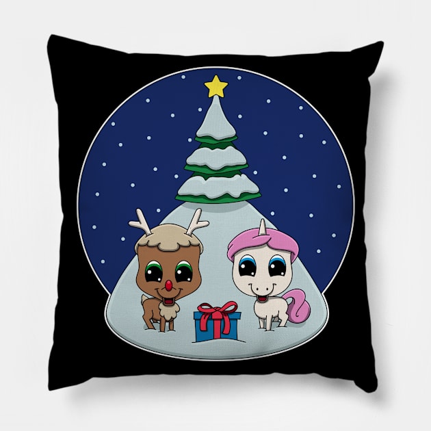 Cute Unicorn Reindeer Under The Christmas Tree For Kids Pillow by kindOmagic