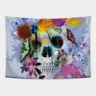 Skull Flowers And Butterfly, Rainbow Butterflies Tapestry