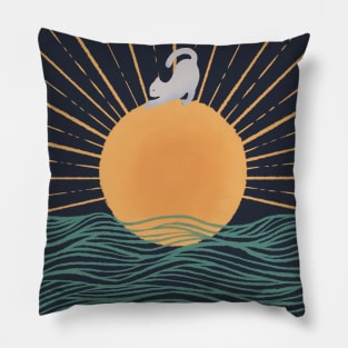 Yoga Cat on Sunrise ocean wave II Pillow