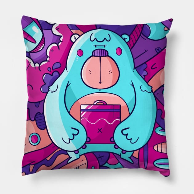 Cute Bear Neon Nights Doodle Pillow by Jamsey Doodles