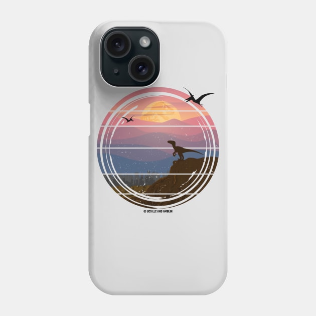 Jurassic T Rex Sunset - Blue Velociraptor CityScape Phone Case by Jurassic Merch