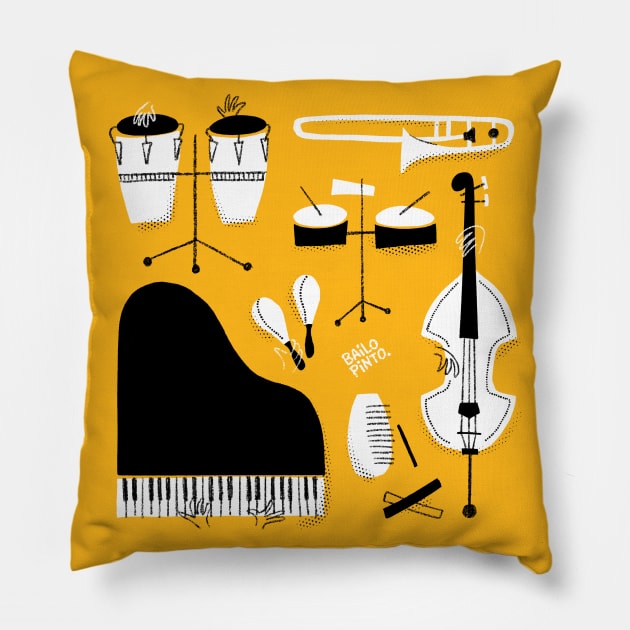 Instruments of Salsa music in color background Pillow by bailopinto