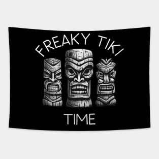 Three Tiki Statues - Freaky Tiki Time (White Lettering) Tapestry