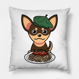 Cute small dog eating spaghetti Pillow