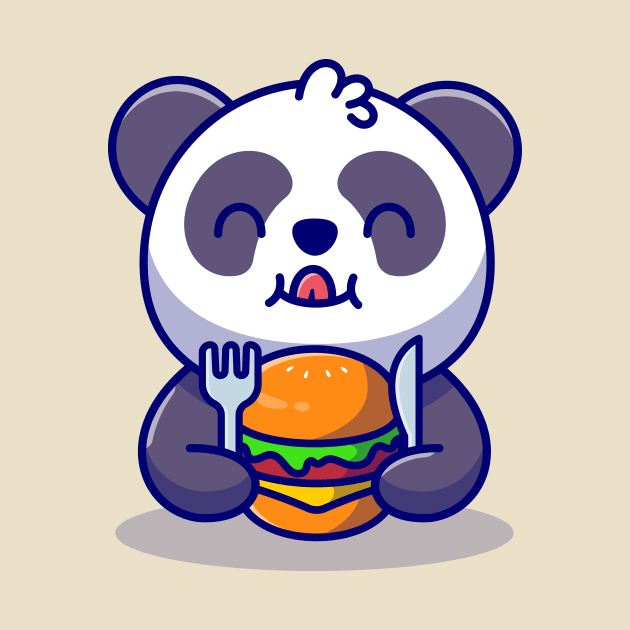 Cute Panda Eating Burger With Fork And Knife Cartoon by Catalyst Labs