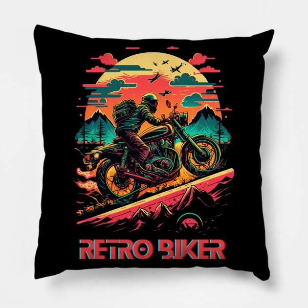 Ride into the Retro Future: Vintage Synthwave Motorcycle Gear Pillow by Snoe