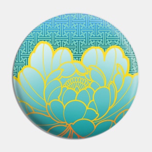 turquoise peony flower and sayagata pattern Pin