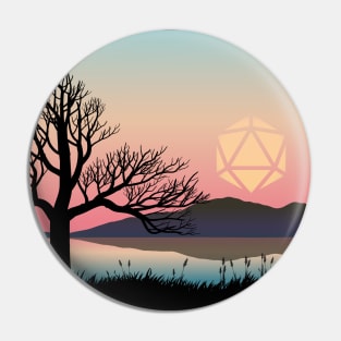 Pastel Sunset 20 Sided Polyhedral Dice Sun Dead Tree Landscape Pin