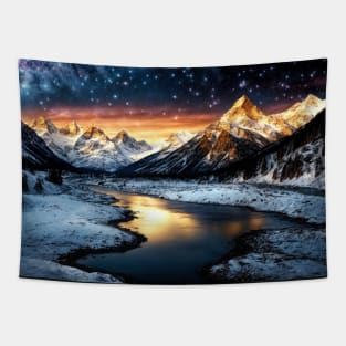 Frozen River in the Mountains Under a Starry Sky - Landscape Tapestry