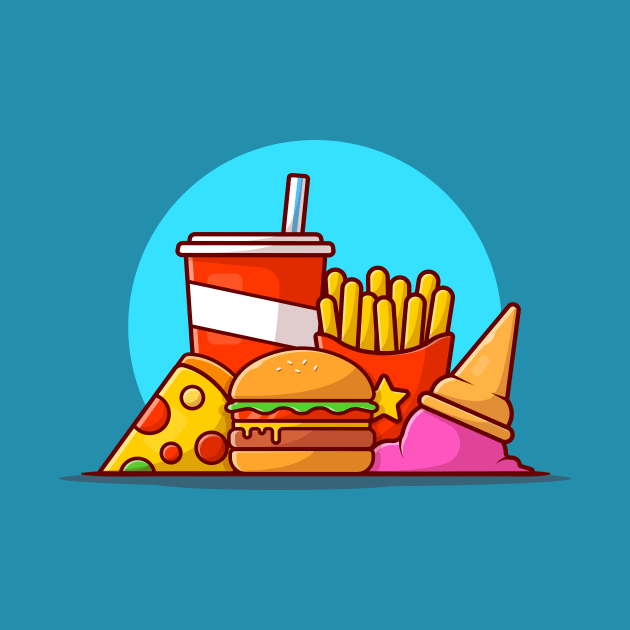 Burger, French Fries, Soft Drink, Pizza And Ice Cream Cone Cartoon Vector Icon Illustration by Catalyst Labs