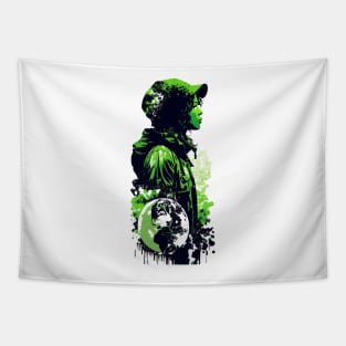 Join the Movement with Our Abstract Black, White, and Green Climate Activist Girl Design Tapestry