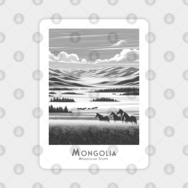 Serene Mongolian Steppes - Horses in Mongolia - black and white Magnet by POD24