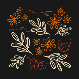 Orange Flowers and Leaves Pattern T-Shirt