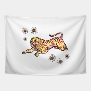 Pouncing Tiger with Daisies Tapestry