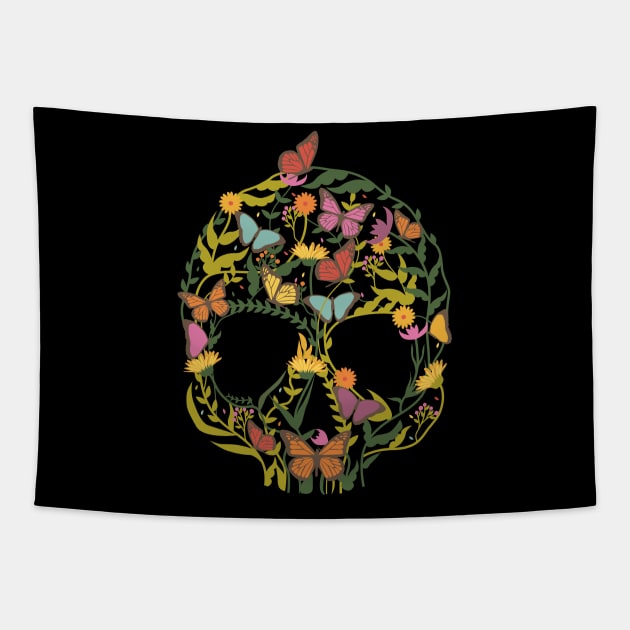 Skull Floral Butterflies Tapestry by Mako Design 