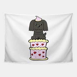 Happy black dog Jumping out of a cake Tapestry