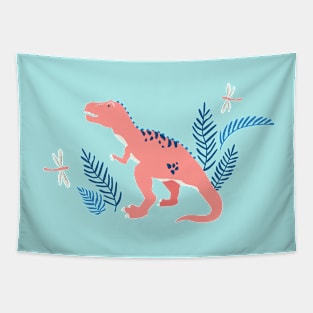 Jurassic Dinosaurs in Turquoise + Coral Tapestry