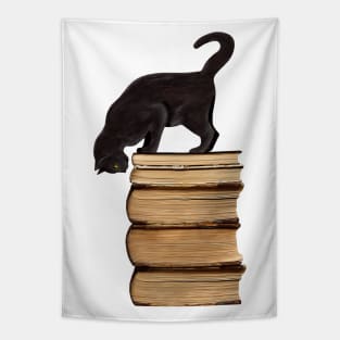 Curious Black Cat on Old Books for Literary Cat Lovers Tapestry