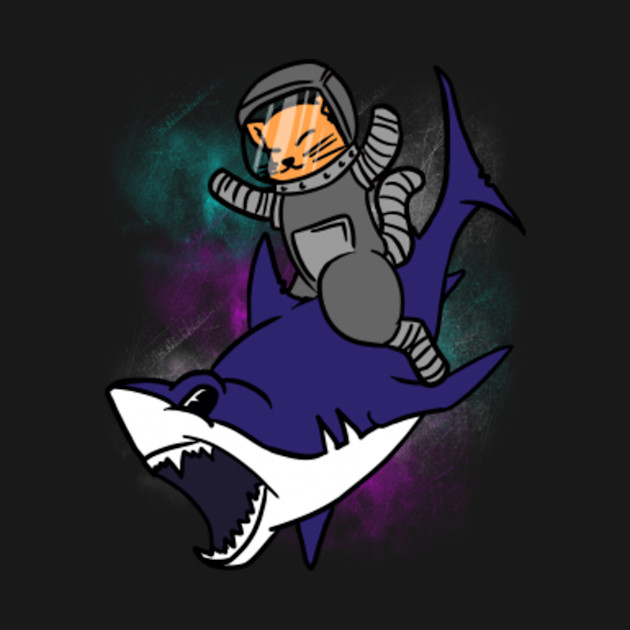 Space Cat Riding A Shark Funny Cartoon Graphic Pun Shark Kitten