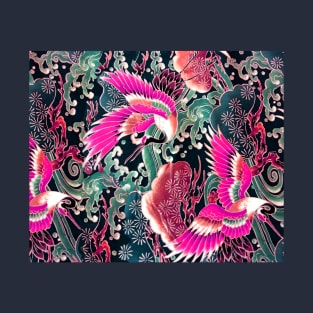 PINK FUCHSIA FLYING CRANES ,FLOWERS, SEA WAVES BLUE GREEN FLORAL T-Shirt
