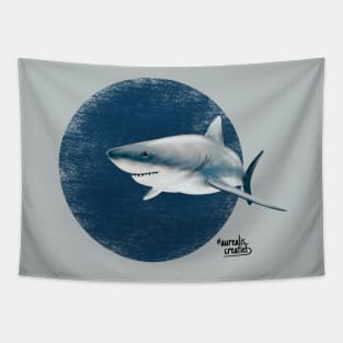 Scuba diving with white shark in deep blue Tapestry