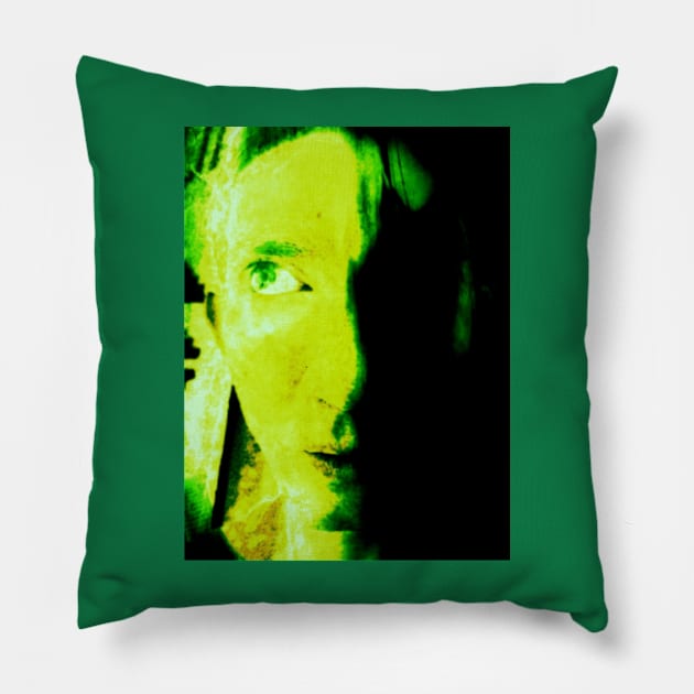 Portrait, digital collage, special processing. Weird and bizarre. Face of man, thinking about something. Green. Pillow by 234TeeUser234