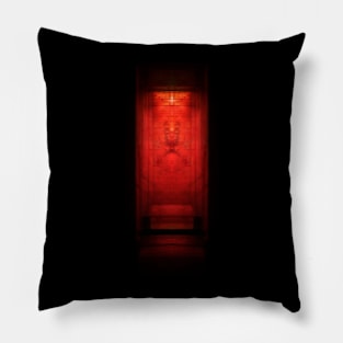 Digital collage, special processing. Wall with some graffiti. Entrance. Red light. Pillow