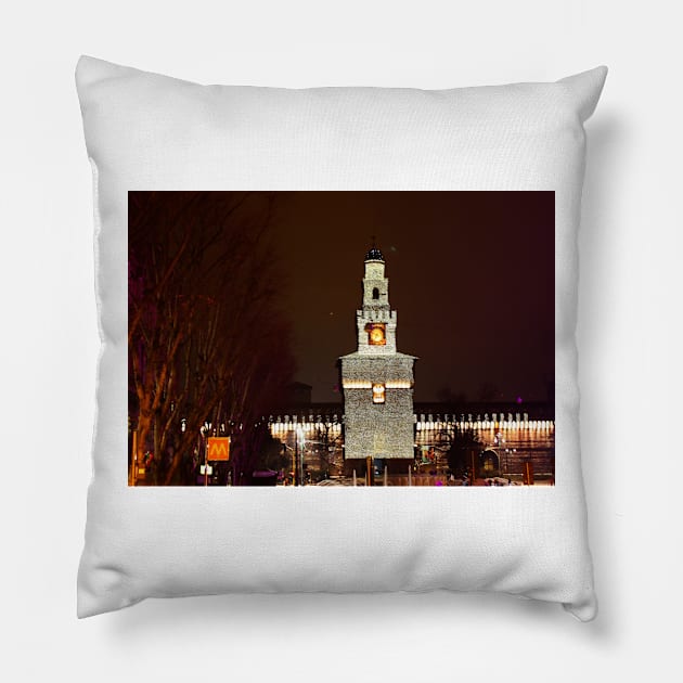 Milan. Castello Sforzesco Entrance at Night with Christmas Lights. 2010 Pillow by IgorPozdnyakov