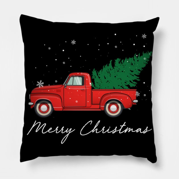 Merry Christmas Retro Vintage Red Truck Pillow by Soema