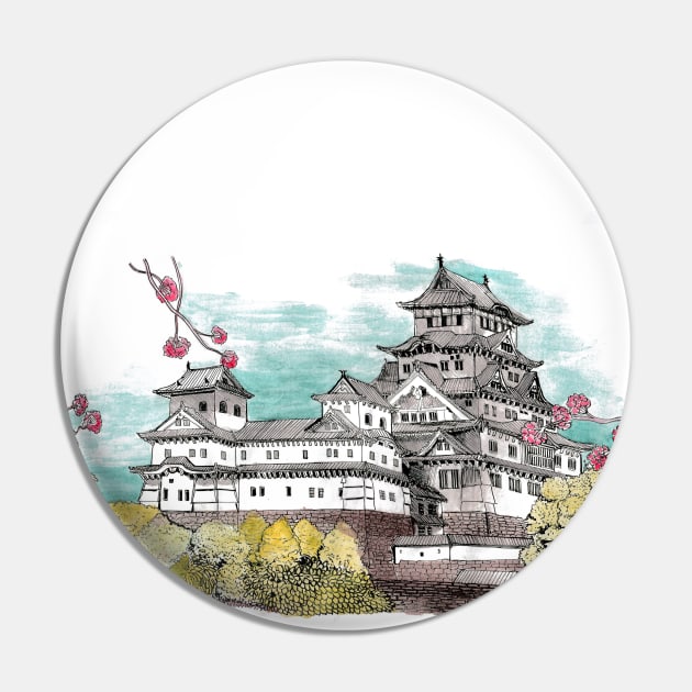 Osaka Castle Japan Color Illustration Pin by Wall-Art-Sketch