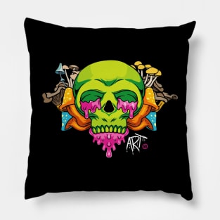 spooky, floral, colorful, original, skull decorated with mushrooms and flowers Pillow